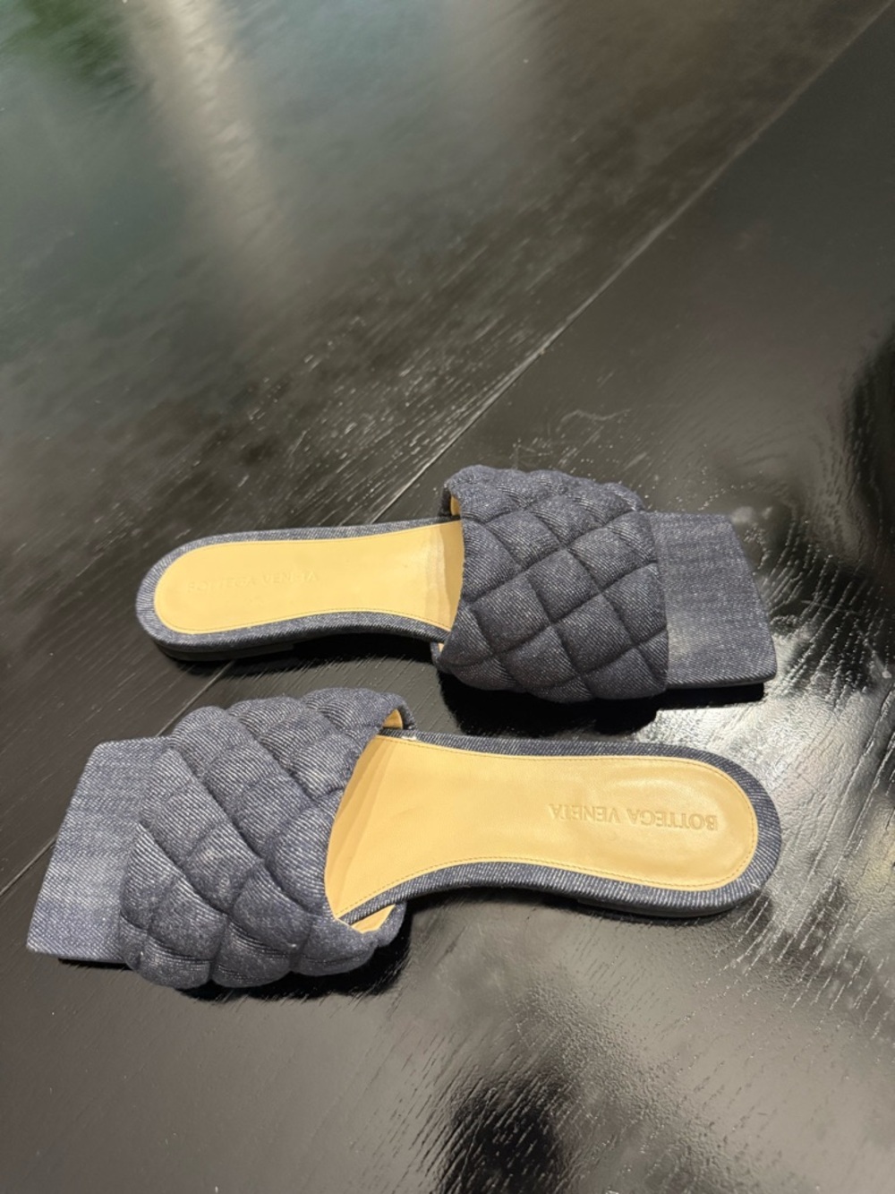 Bottega Veneta Quilted Denim Slide Mules in Charcoal Gray